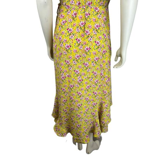 Roller Rabbit Yellow Floral Print Wrap Dress Size S Midi Prana Filena Ruffle - Picture 8 of 10